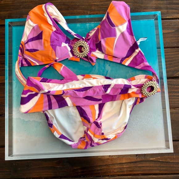 Trina Turk Pink and Orange Bikini Top with Flower - Picture 3 of 4